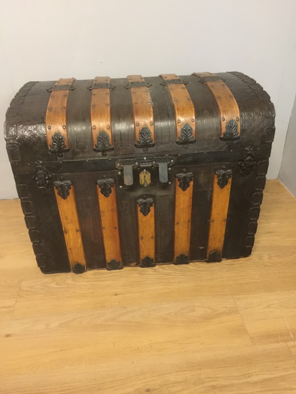 Nineteenth century dome topped wood leather and iron bound trunk  View III