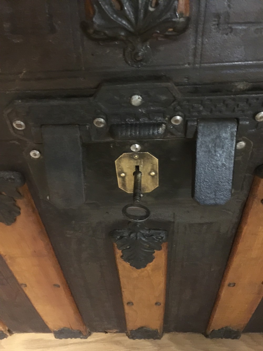 Nineteenth century dome topped wood leather and iron bound trunk  View IV