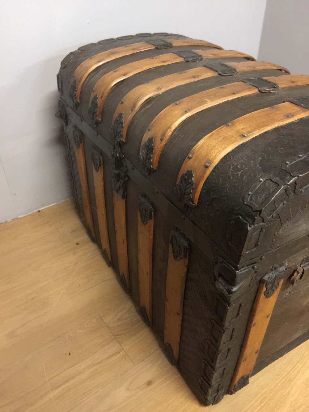 Nineteenth century dome topped wood leather and iron bound trunk  View VI