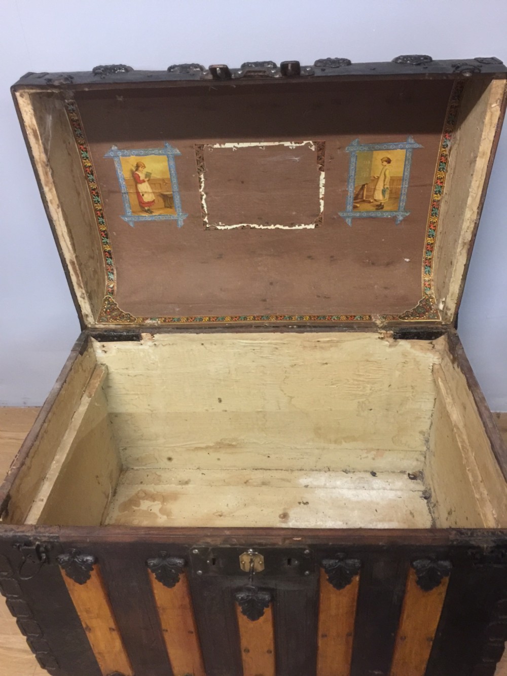 Nineteenth century dome topped wood leather and iron bound trunk  View VII