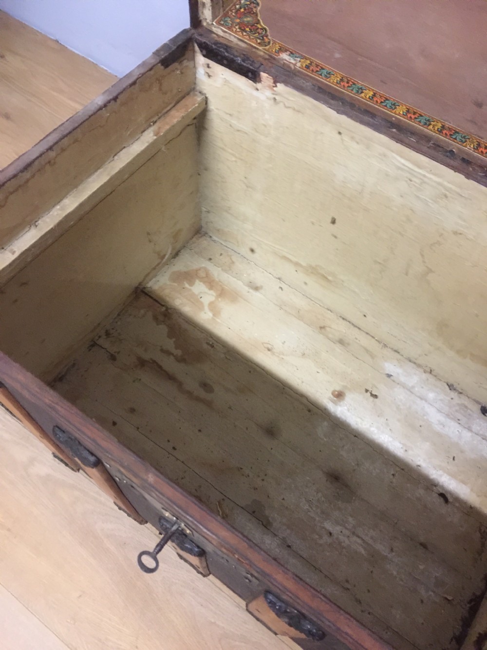 Nineteenth century dome topped wood leather and iron bound trunk  View VIII