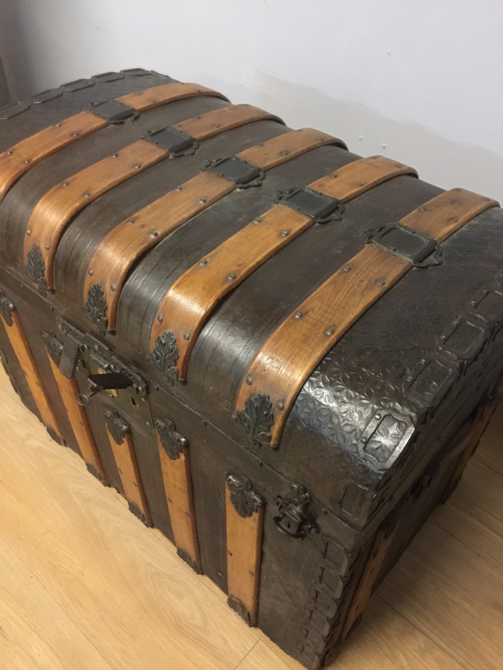 Nineteenth century dome topped wood leather and iron bound trunk  View IX