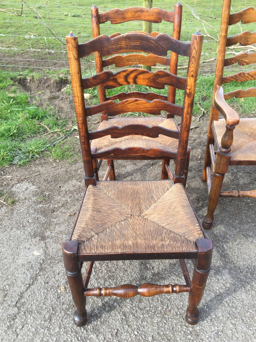 Set of six ladder back rush seated country chairs  View III