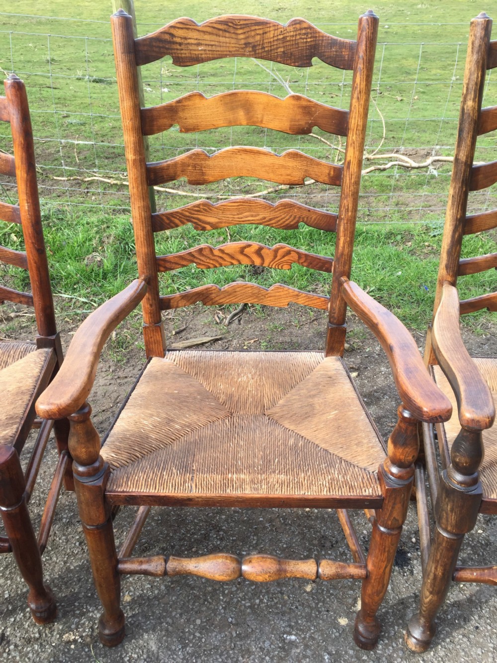 Set of six ladder back rush seated country chairs  View VI