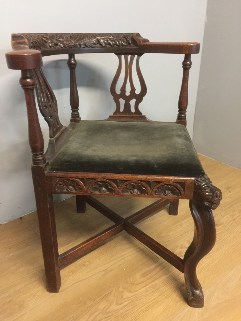Nineteenth century carved oak corner chair  View V