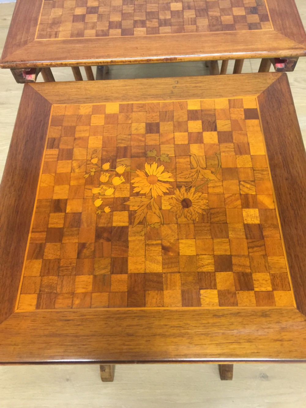 Edwardian quartetto of walnut tables with marquetry and parquetry tops View IV
