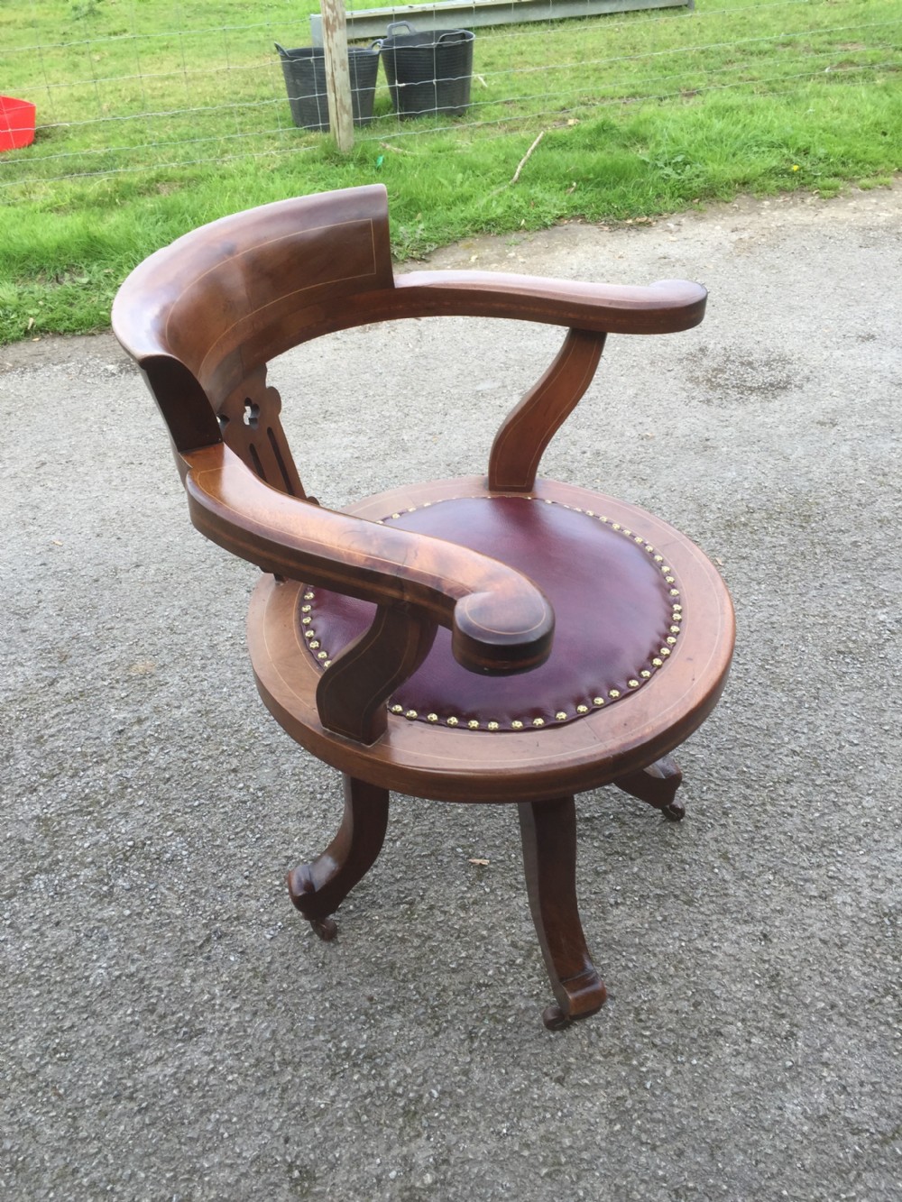 Nineteenth century inlaid mahogany revolving desk chair -red leather  View VIII