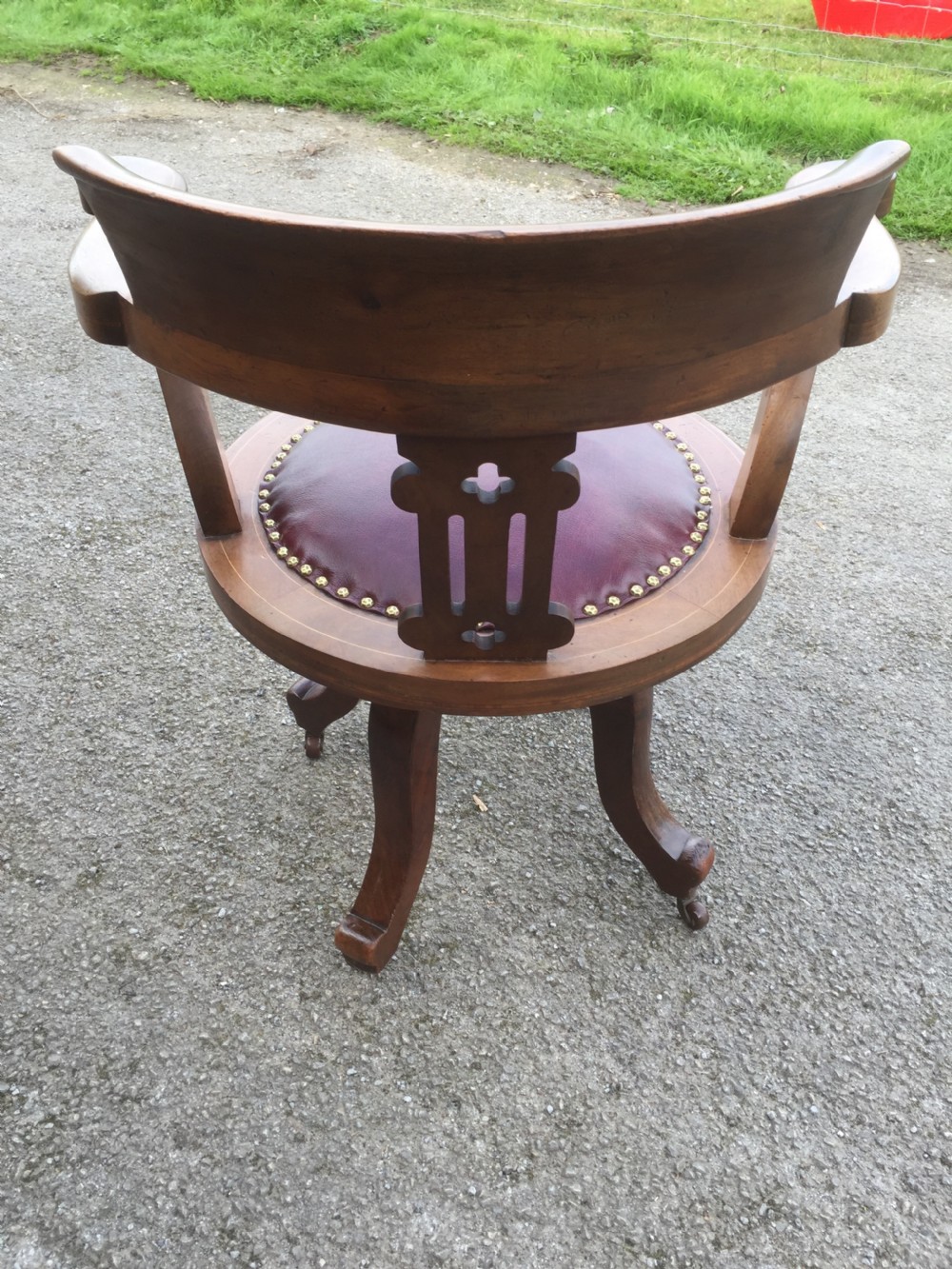 Nineteenth century inlaid mahogany revolving desk chair -red leather  View X