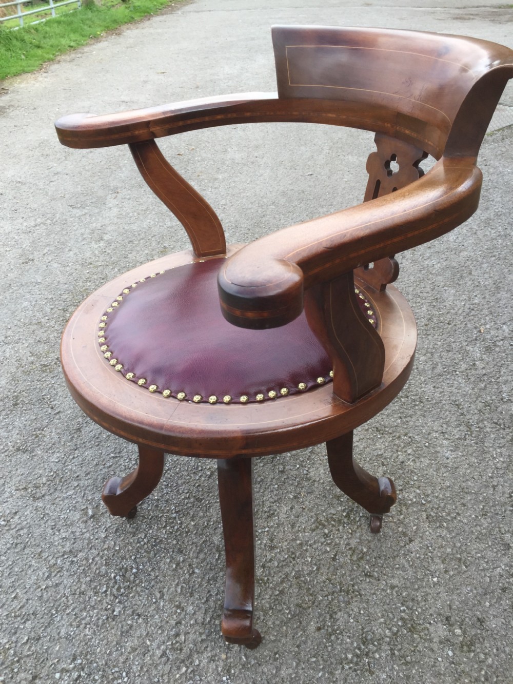 Nineteenth century inlaid mahogany revolving desk chair -red leather  View XII