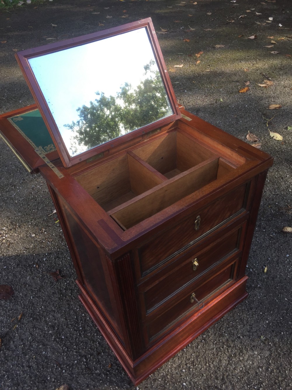 Unusual flame mahogany two drawer writing and dressing chest  View V