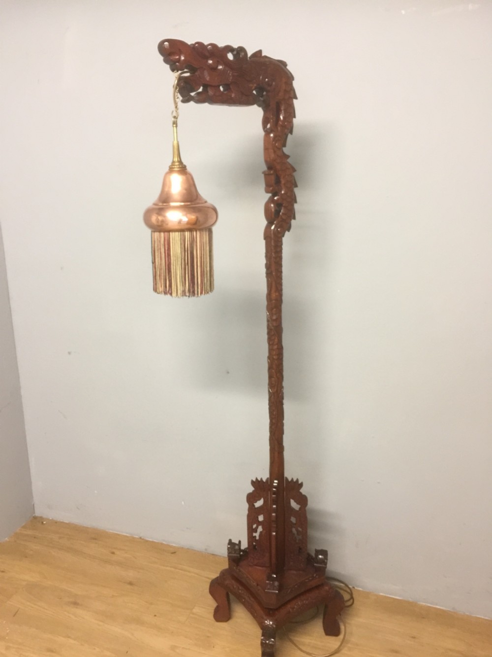 Chinese carved hardwood dragon standard lamp
