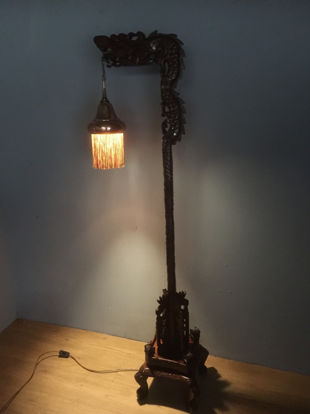 Chinese carved hardwood dragon standard lamp View IX