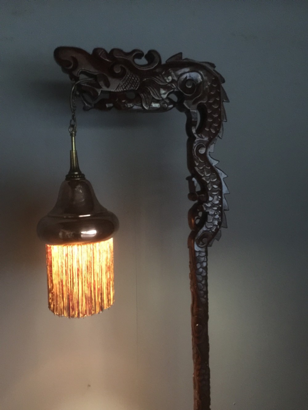Chinese carved hardwood dragon standard lamp View X