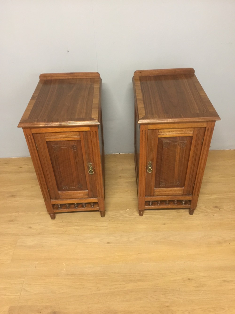 Edwardian pair of walnut bedside cabinets  View II