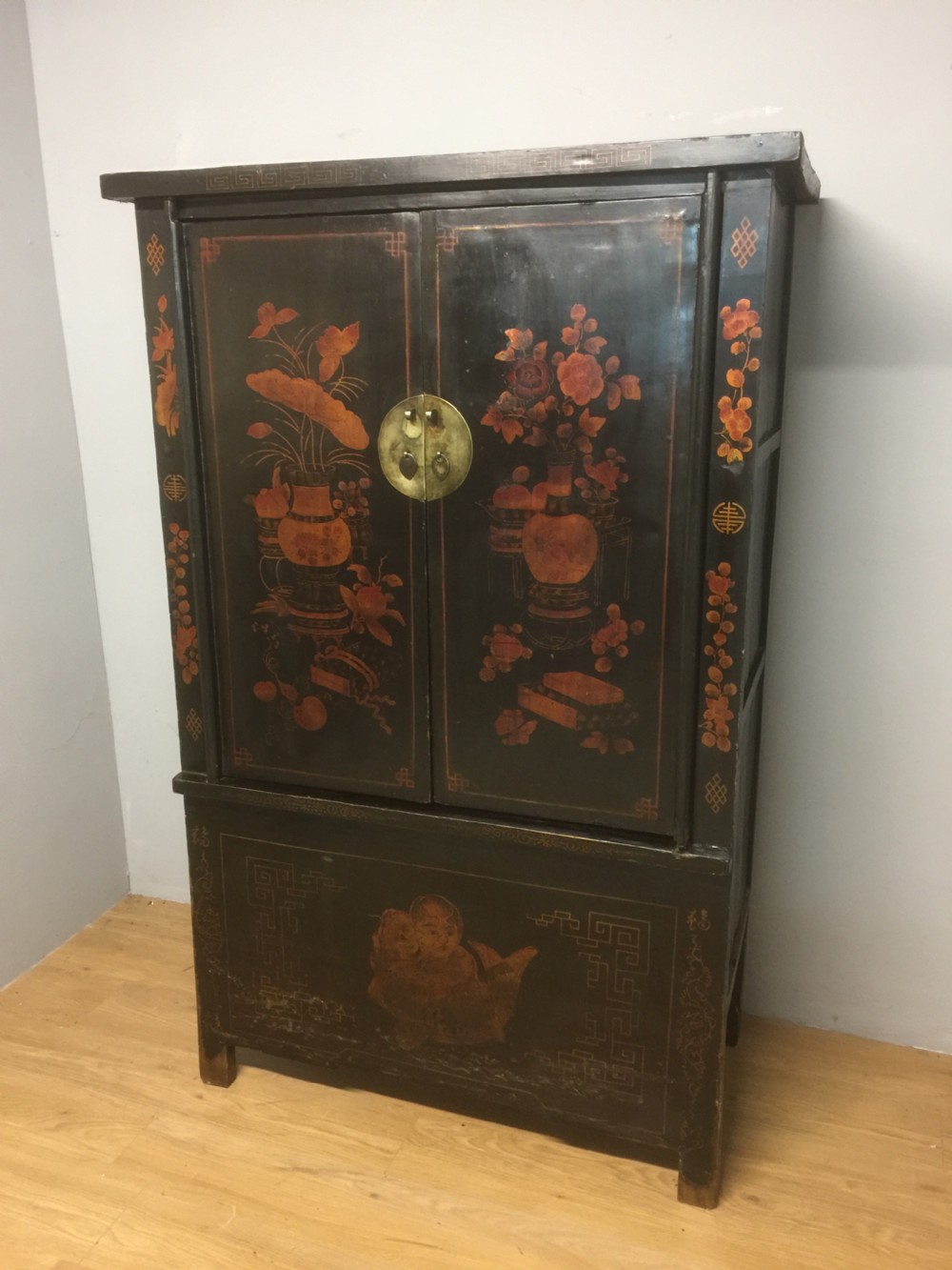 Black Chinese lacquer wedding cabinet from Hassop Hall Derbyshire 