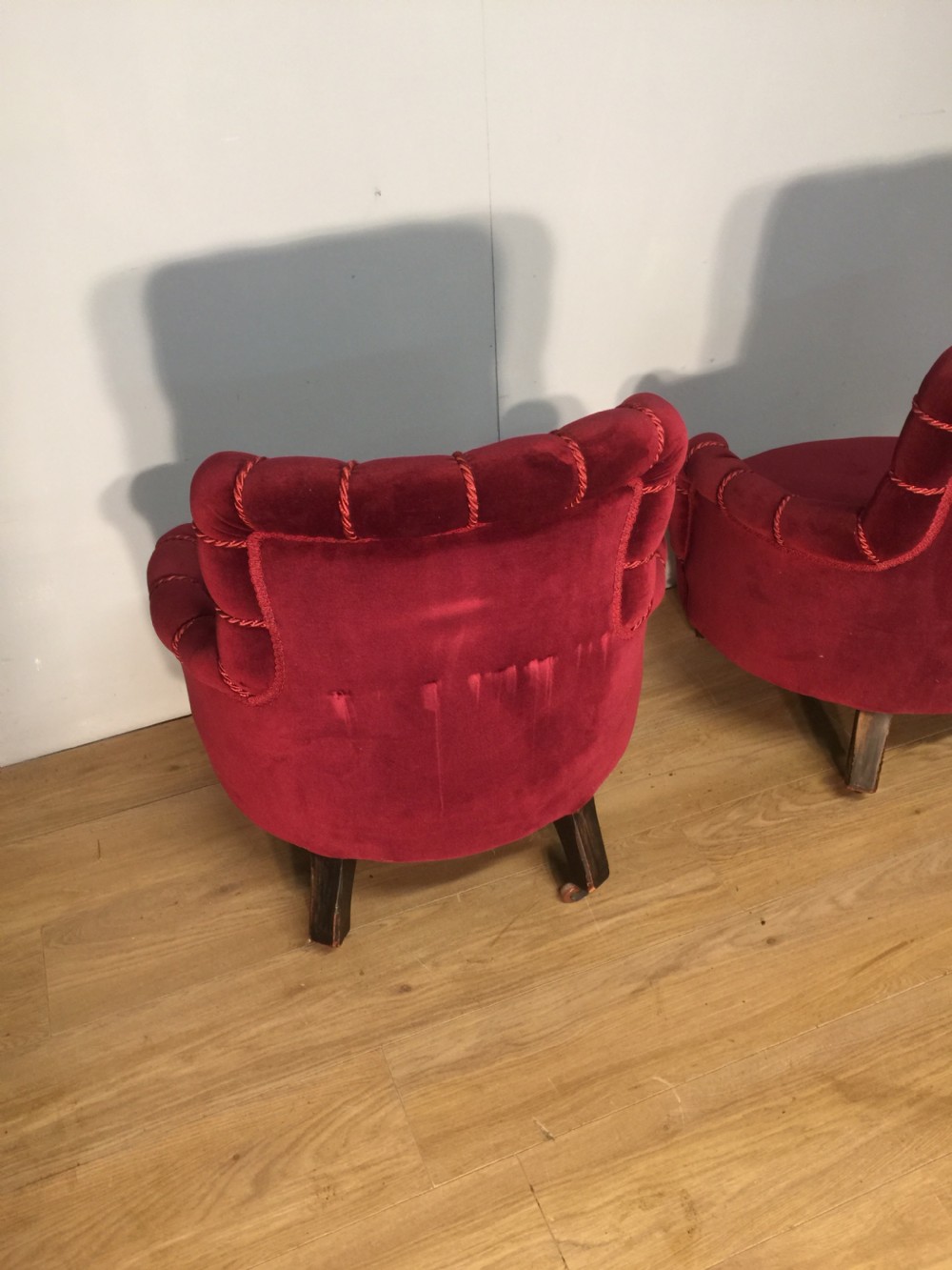 Pair of nineteenth century burgundy velvet tub chairs View X