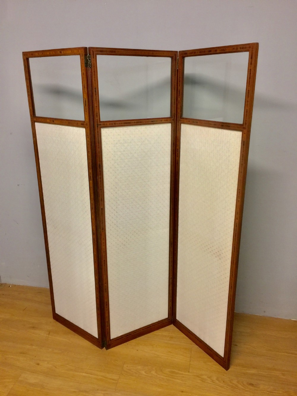 Edwardian inlaid mahogany three panel glazed screen
