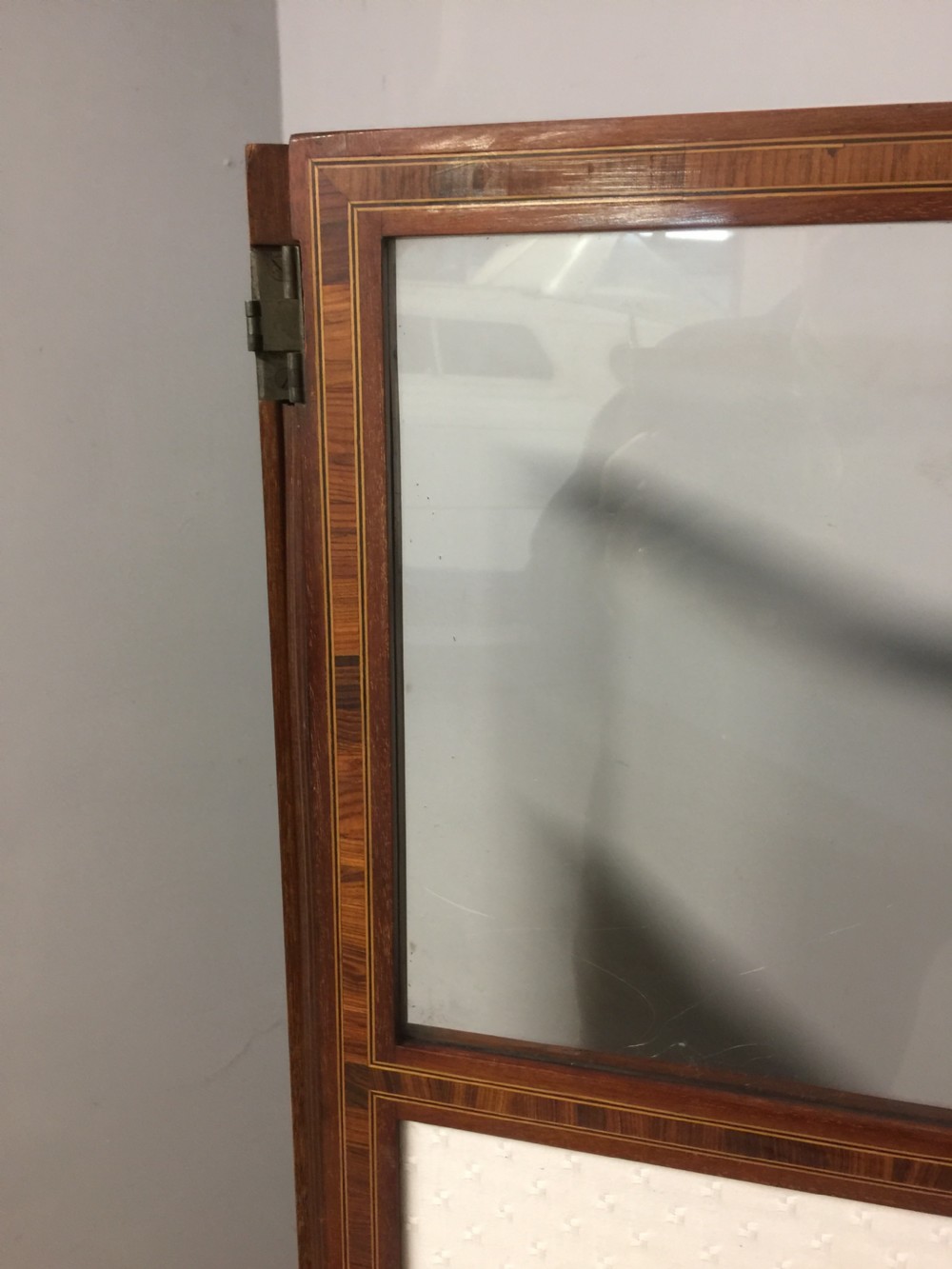 Edwardian inlaid mahogany three panel glazed screen View II