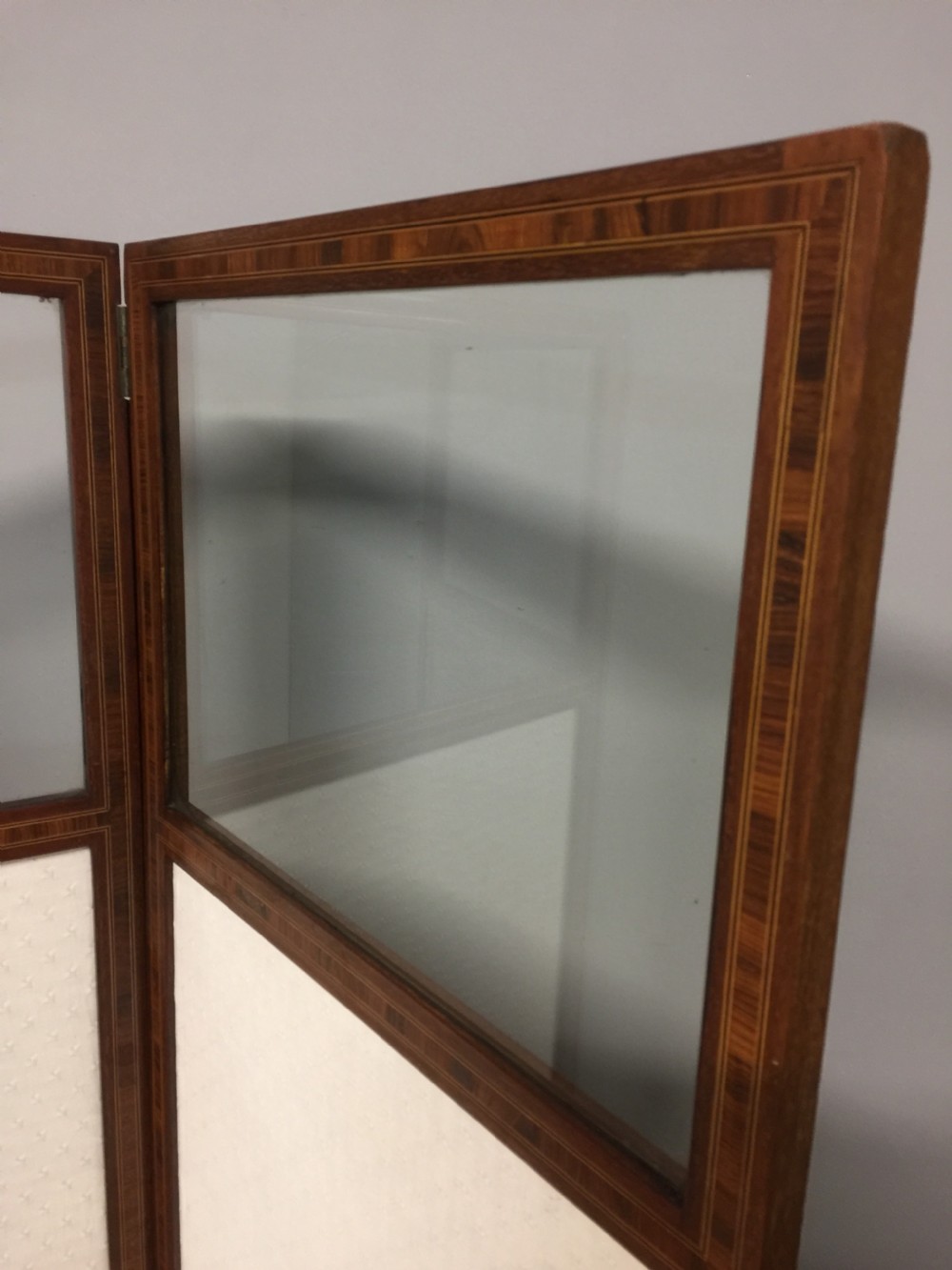 Edwardian inlaid mahogany three panel glazed screen View IV