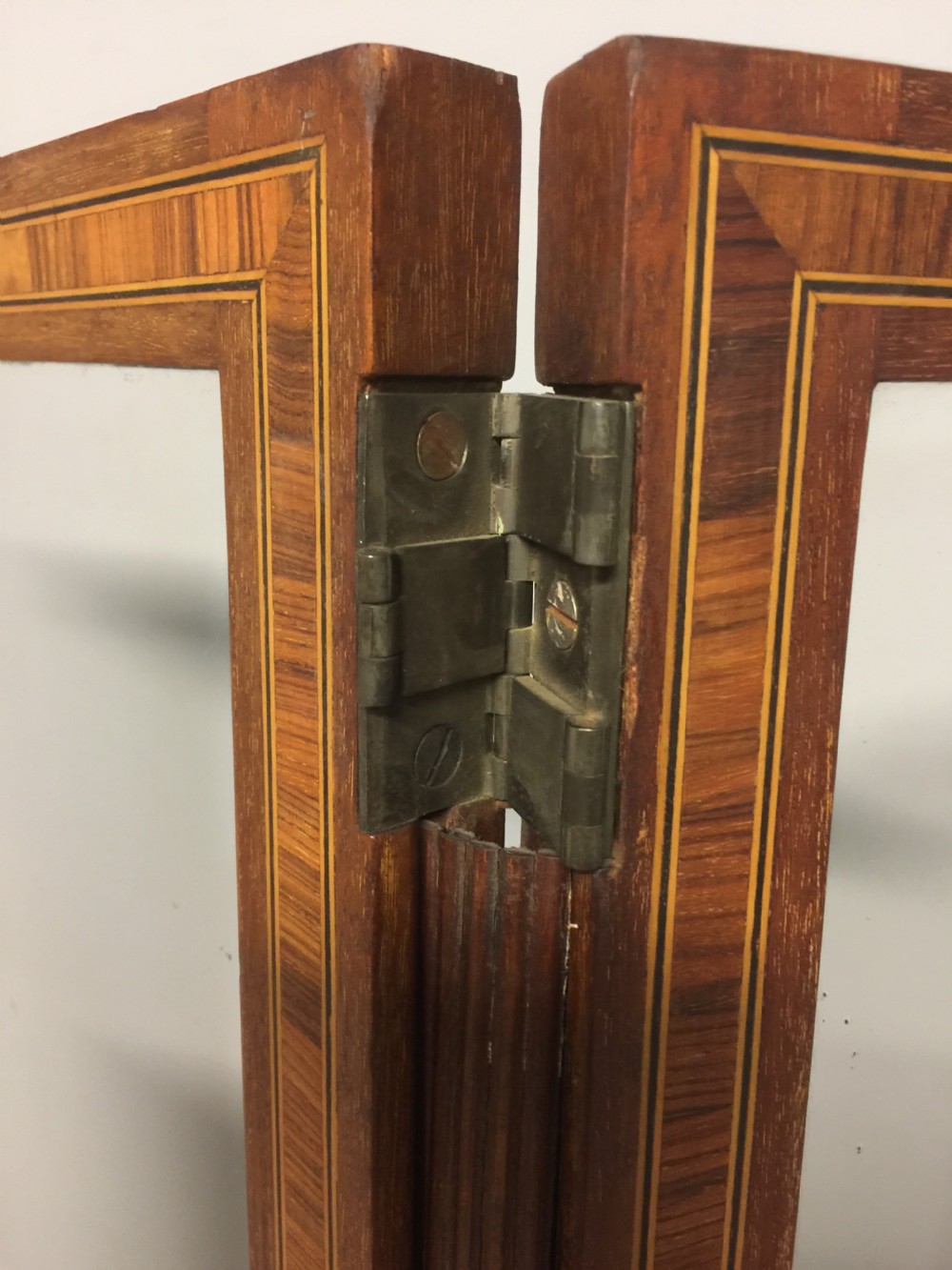 Edwardian inlaid mahogany three panel glazed screen View V