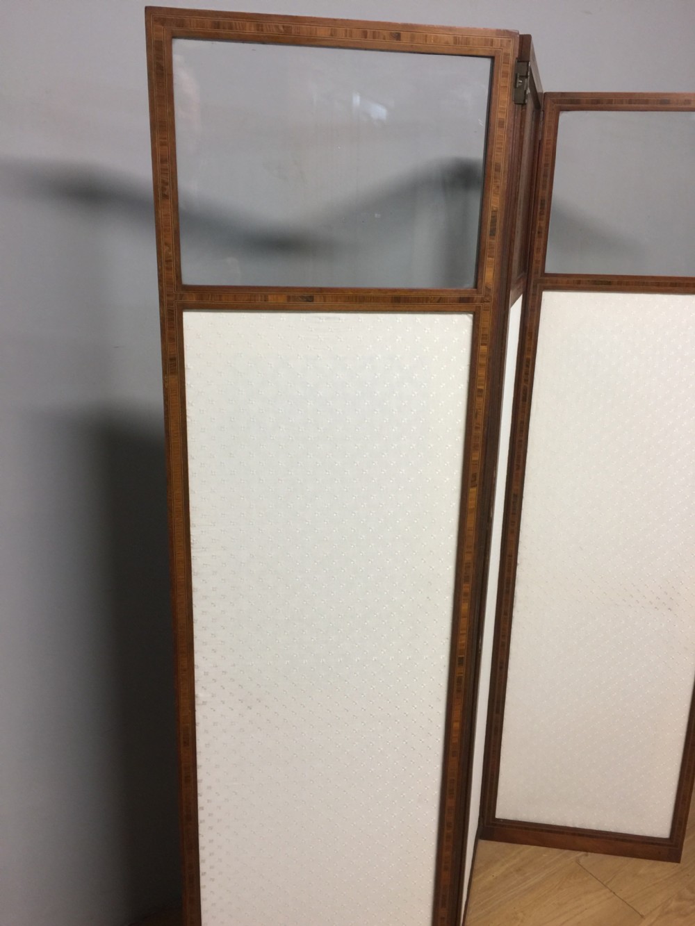 Edwardian inlaid mahogany three panel glazed screen View VI
