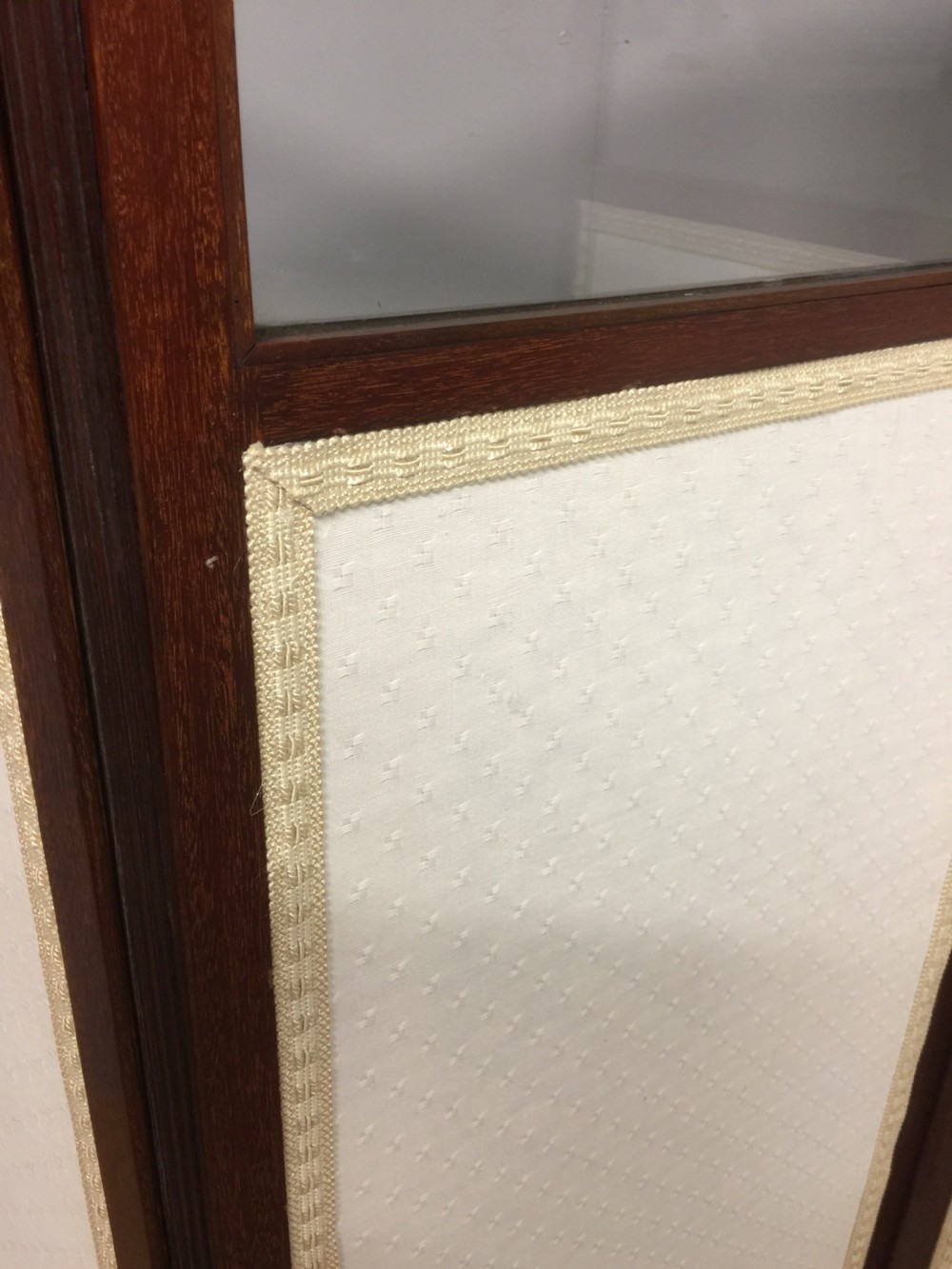 Edwardian inlaid mahogany three panel glazed screen View IX