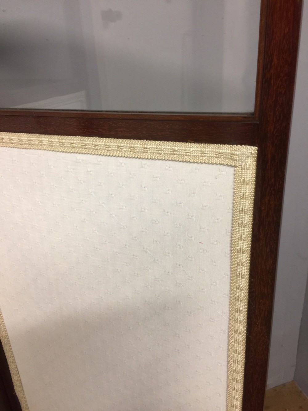 Edwardian inlaid mahogany three panel glazed screen View X
