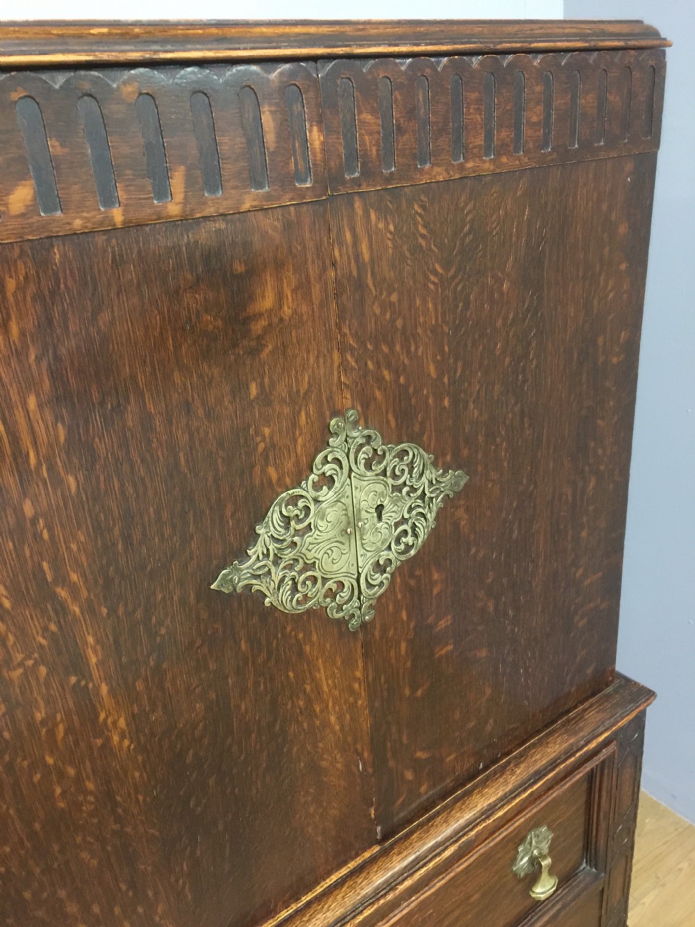 Jacobean style oak side cabinet by Leemings, Halifax View IV