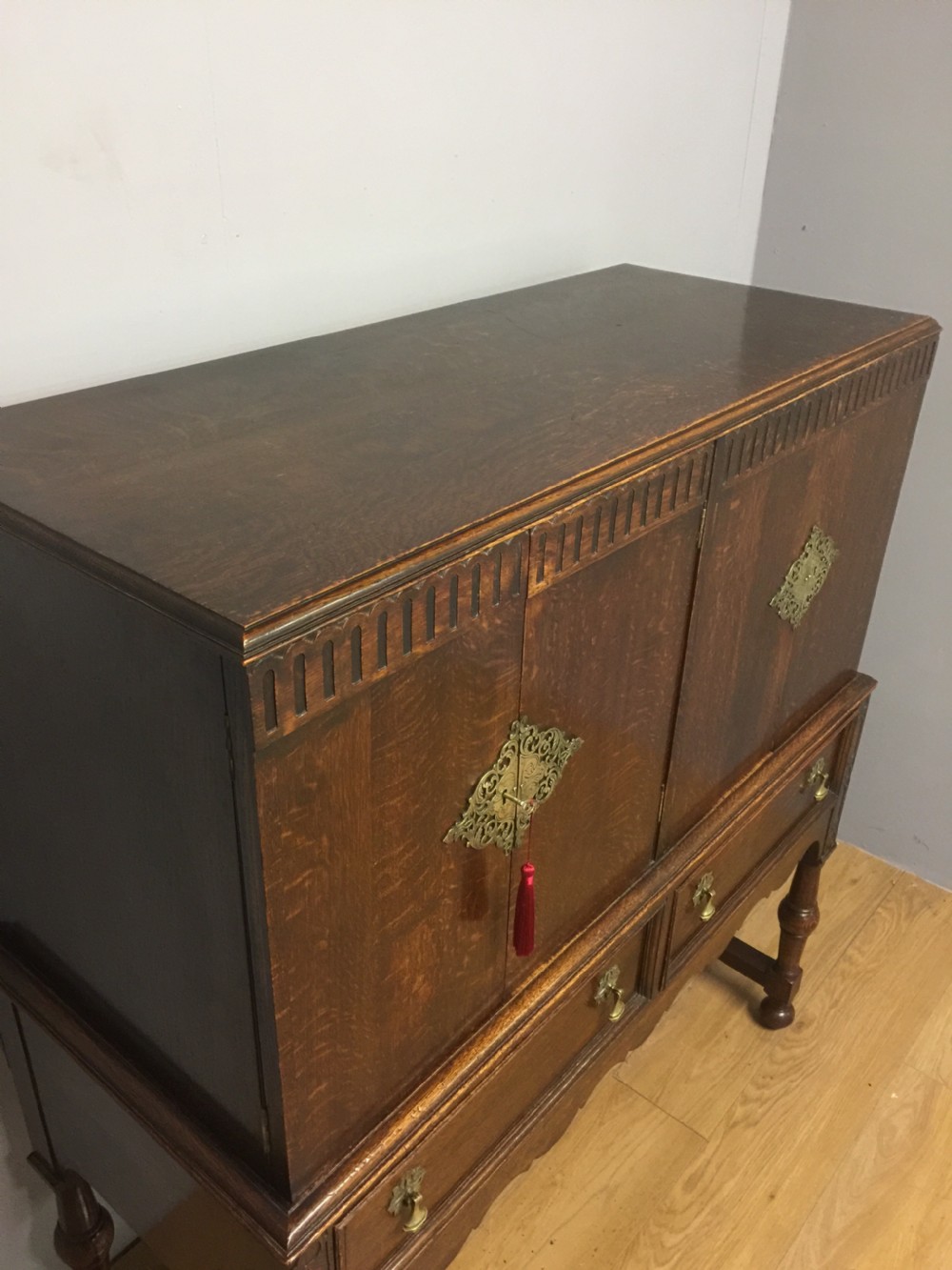 Jacobean style oak side cabinet by Leemings, Halifax View VIII