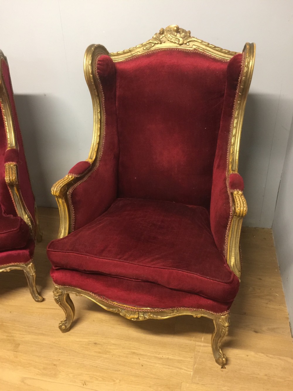 Pair of late nineteenth century gilt framed winged armchairs  View II
