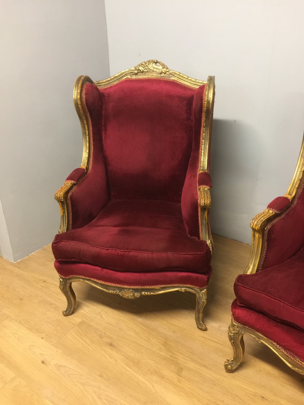 Pair of late nineteenth century gilt framed winged armchairs  View III
