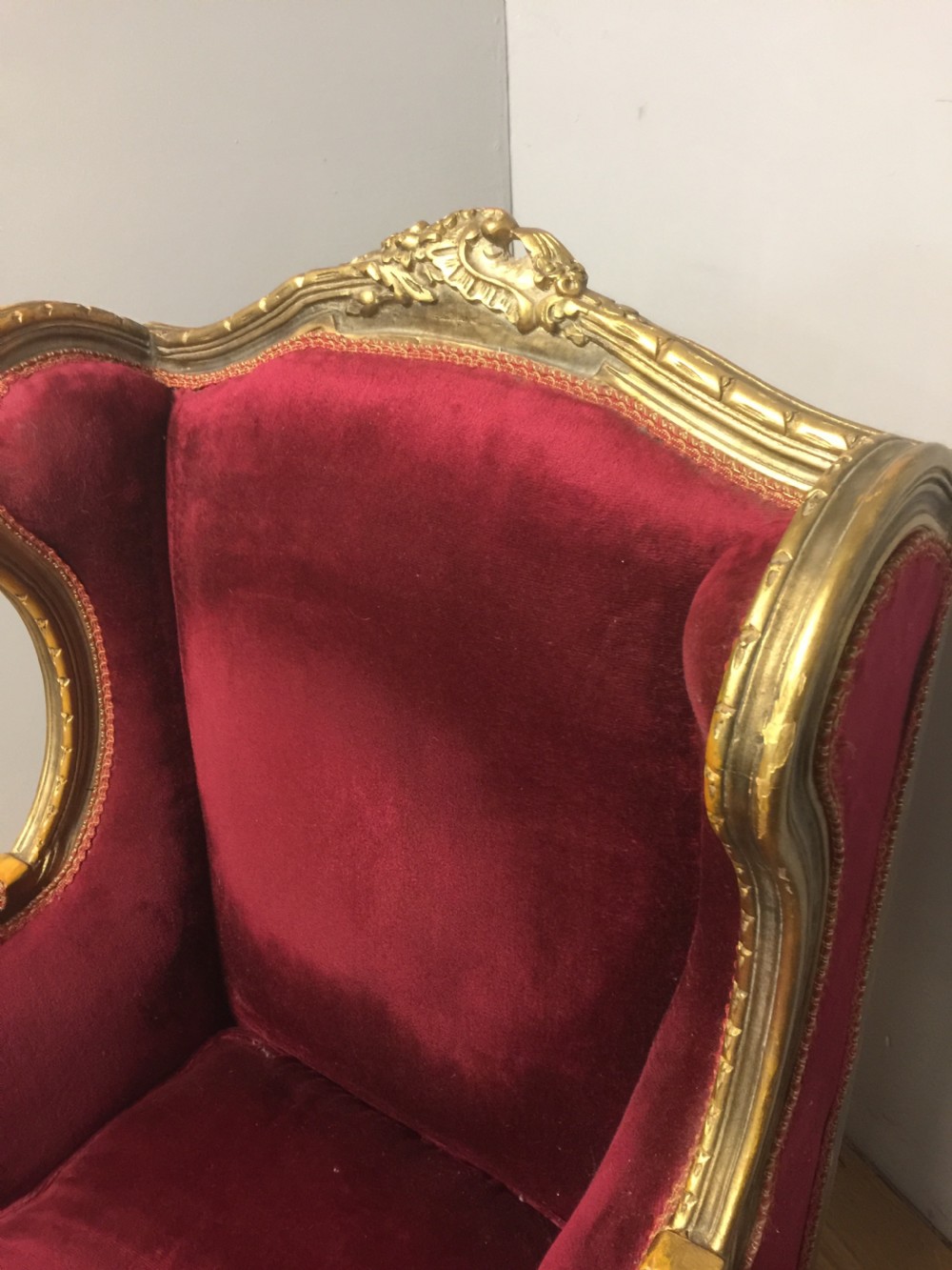 Pair of late nineteenth century gilt framed winged armchairs  View V