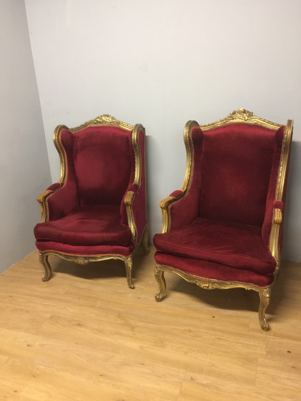 Pair of late nineteenth century gilt framed winged armchairs  View XV