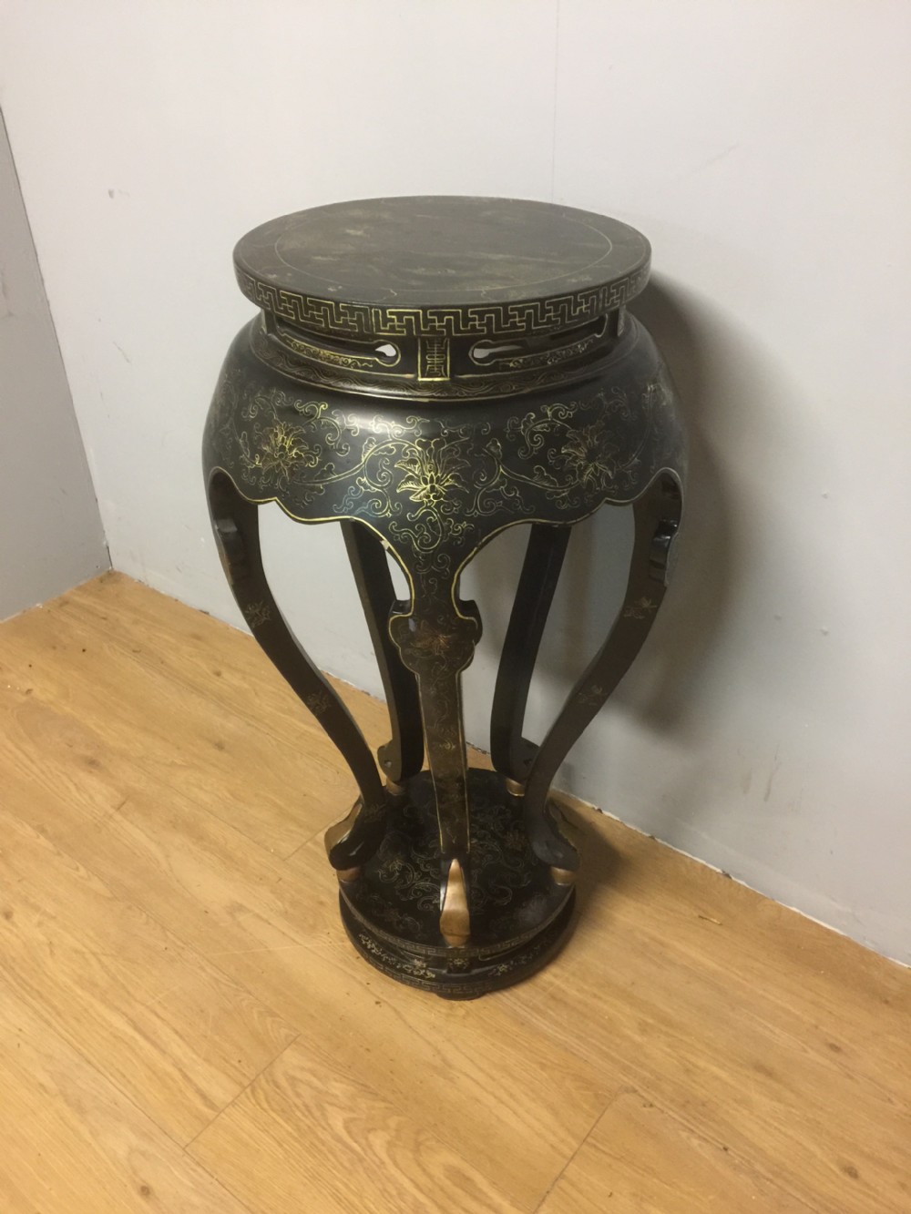 Chinoiserie black lacquer and gilt stand  View II