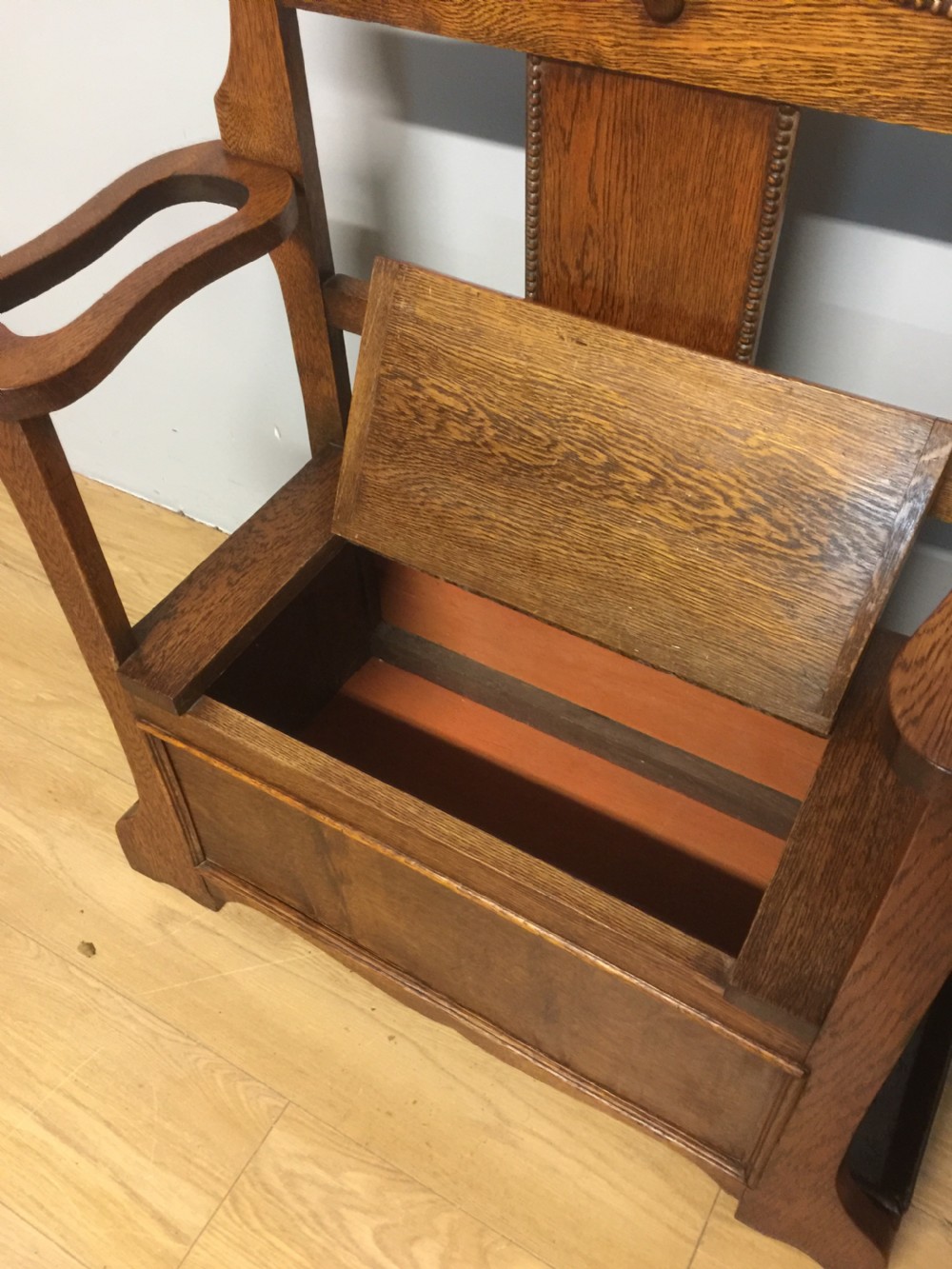 Arts and crafts golden oak hall bench  View III