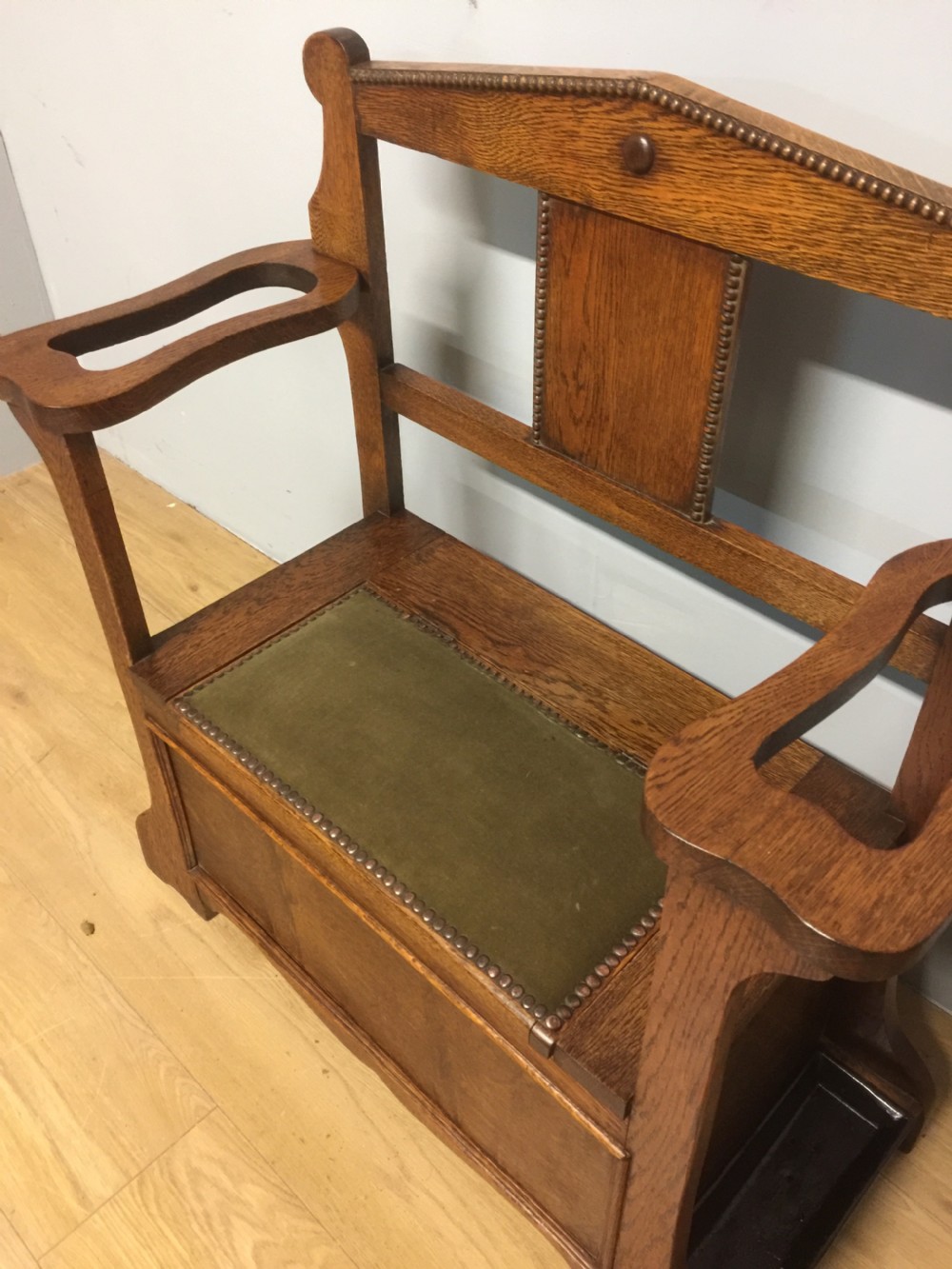 Arts and crafts golden oak hall bench  View V