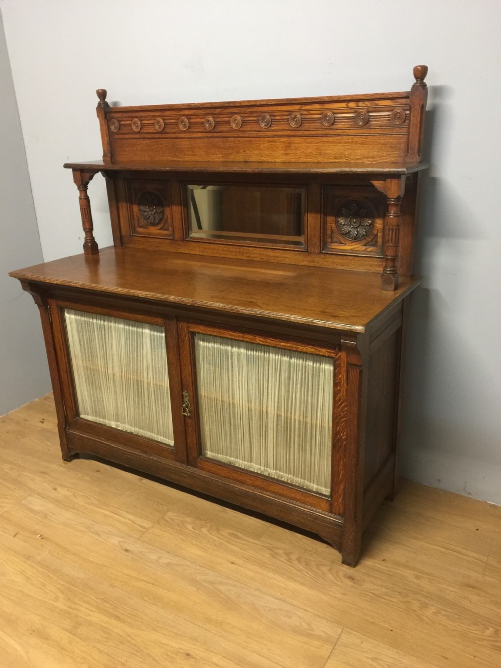 Arts and crafts golden oak chiffonier by Christopher Pratt of Leeds  View III