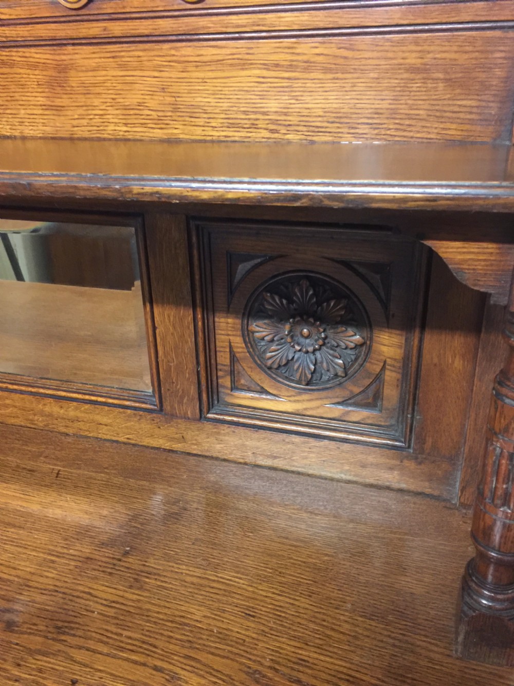 Arts and crafts golden oak chiffonier by Christopher Pratt of Leeds  View IV