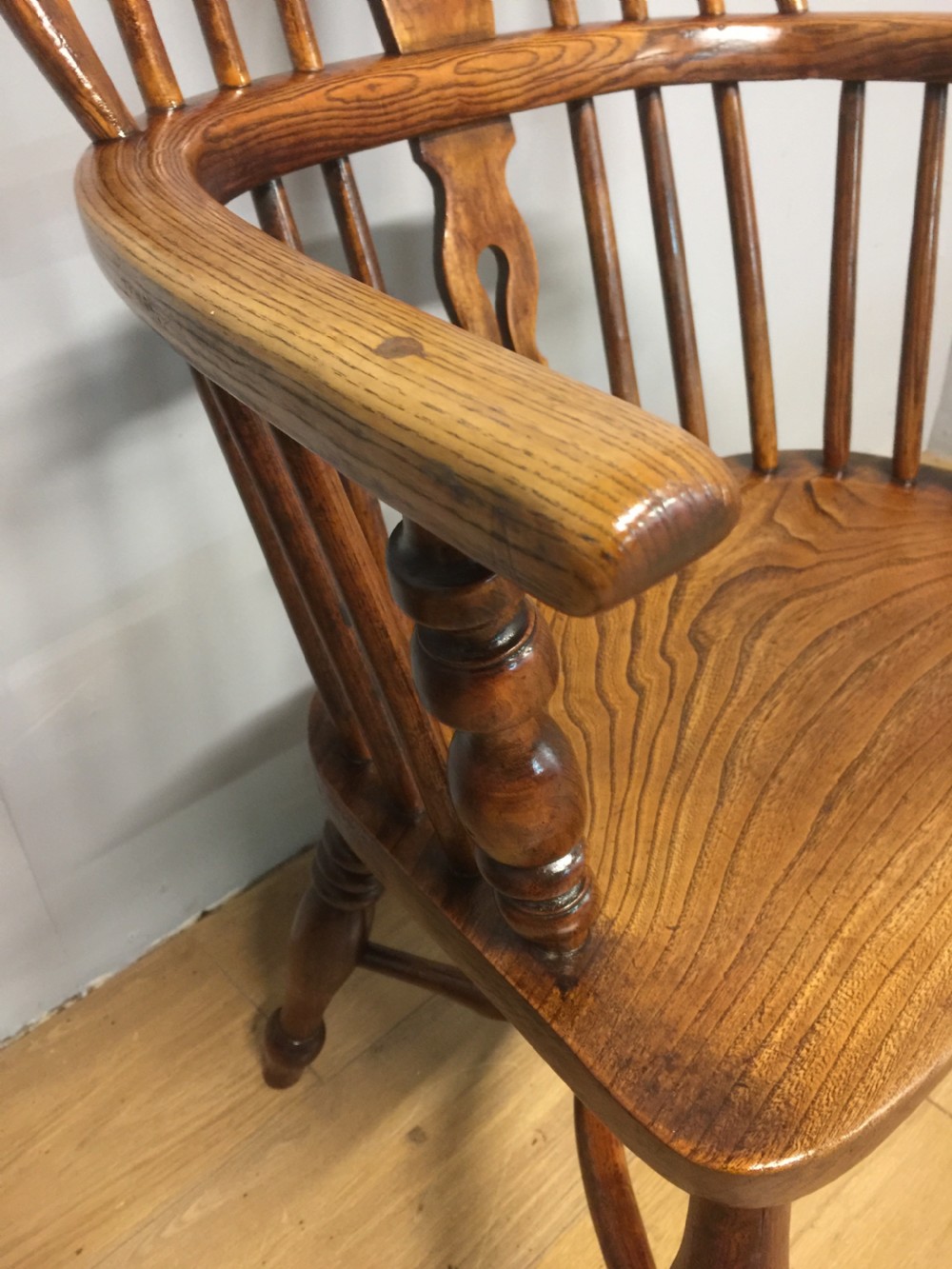 Nineteenth century ash and elm Windsor chair with crinoline understretcher  View IV
