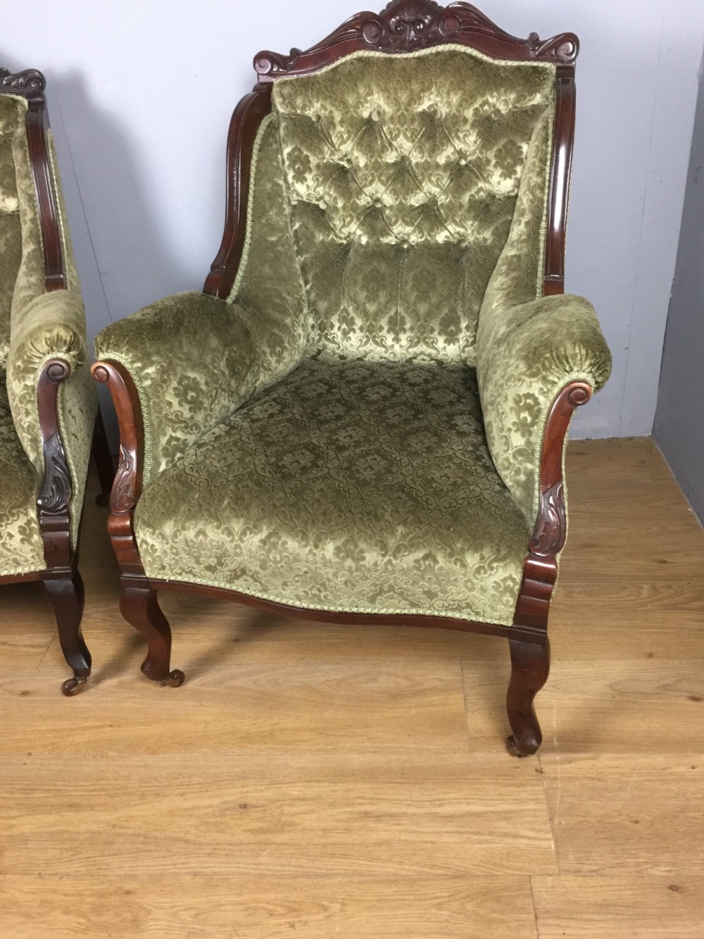 Pair of late nineteenth century mahogany framed empire style armchairs  View II