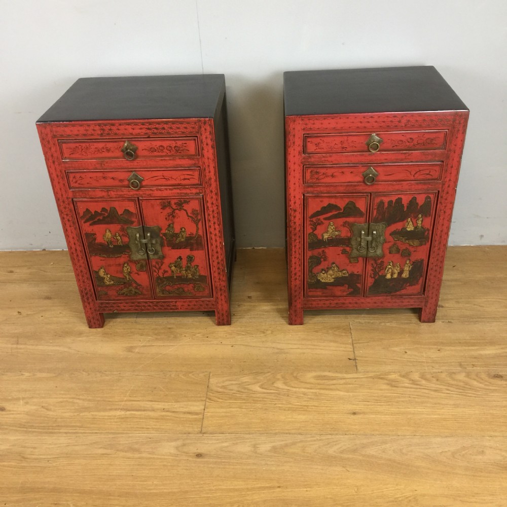 Pair of chinoiserie red lacquer bedside cabinets circa 1920