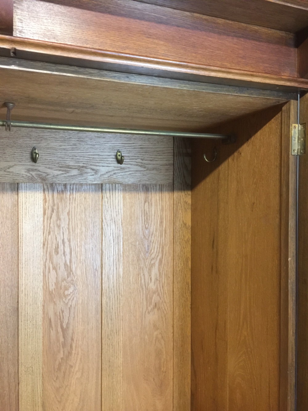 Solid oak Arts and Crafts inlaid three door wardrobe  View XII