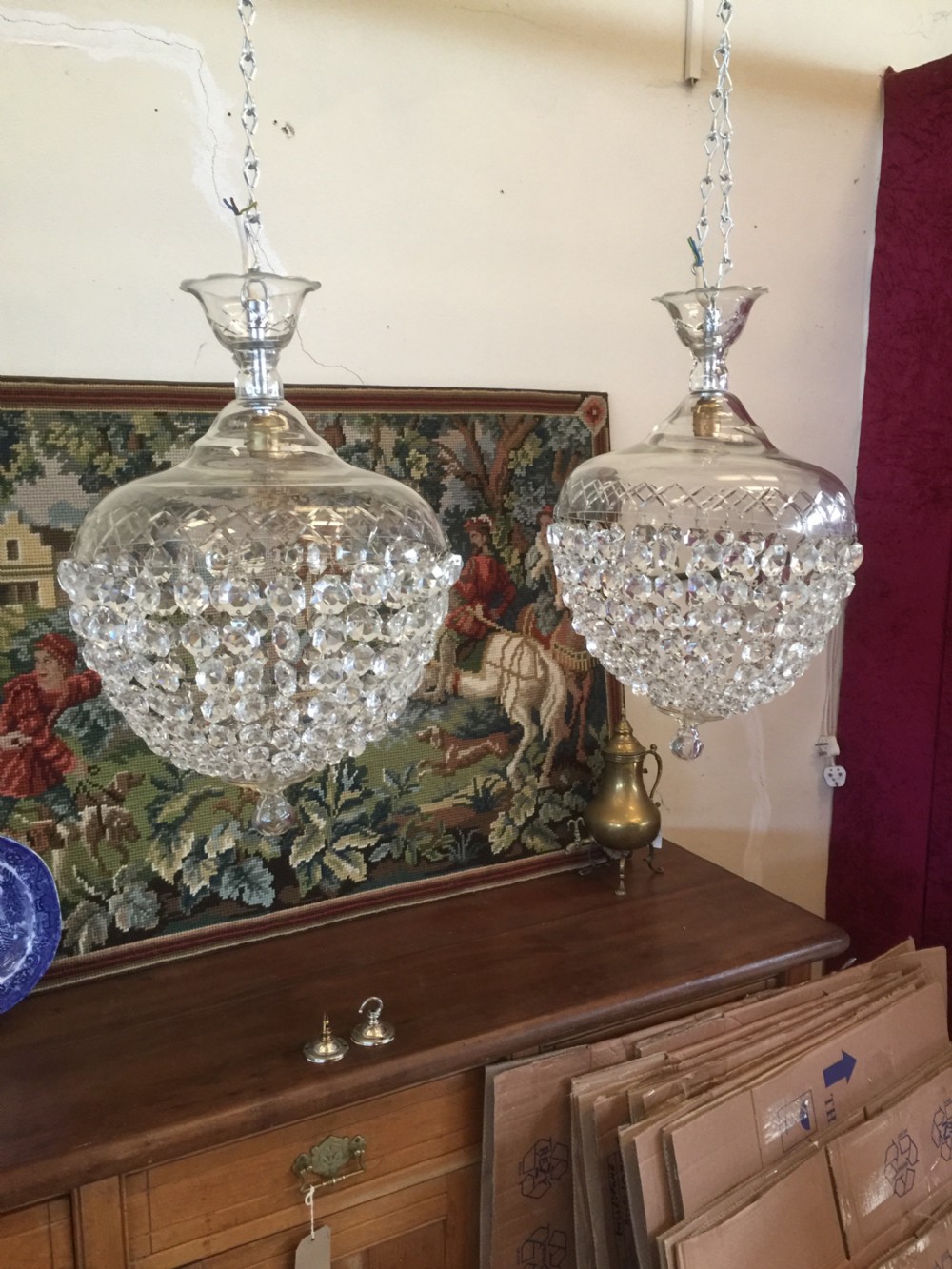 Large Pair of cut glass purse chandeliers 