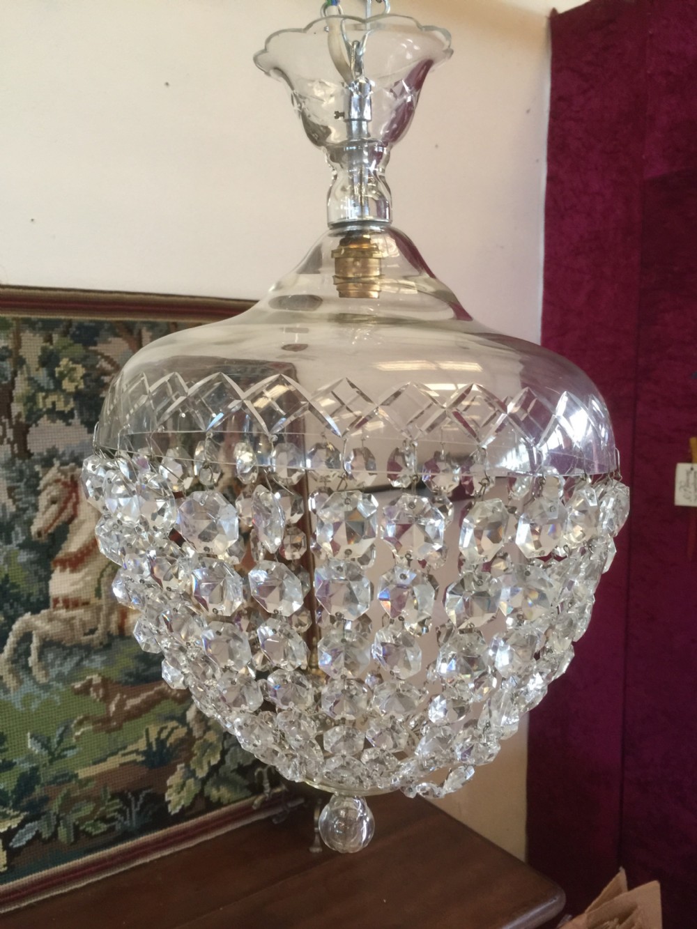Large Pair of cut glass purse chandeliers  View IV