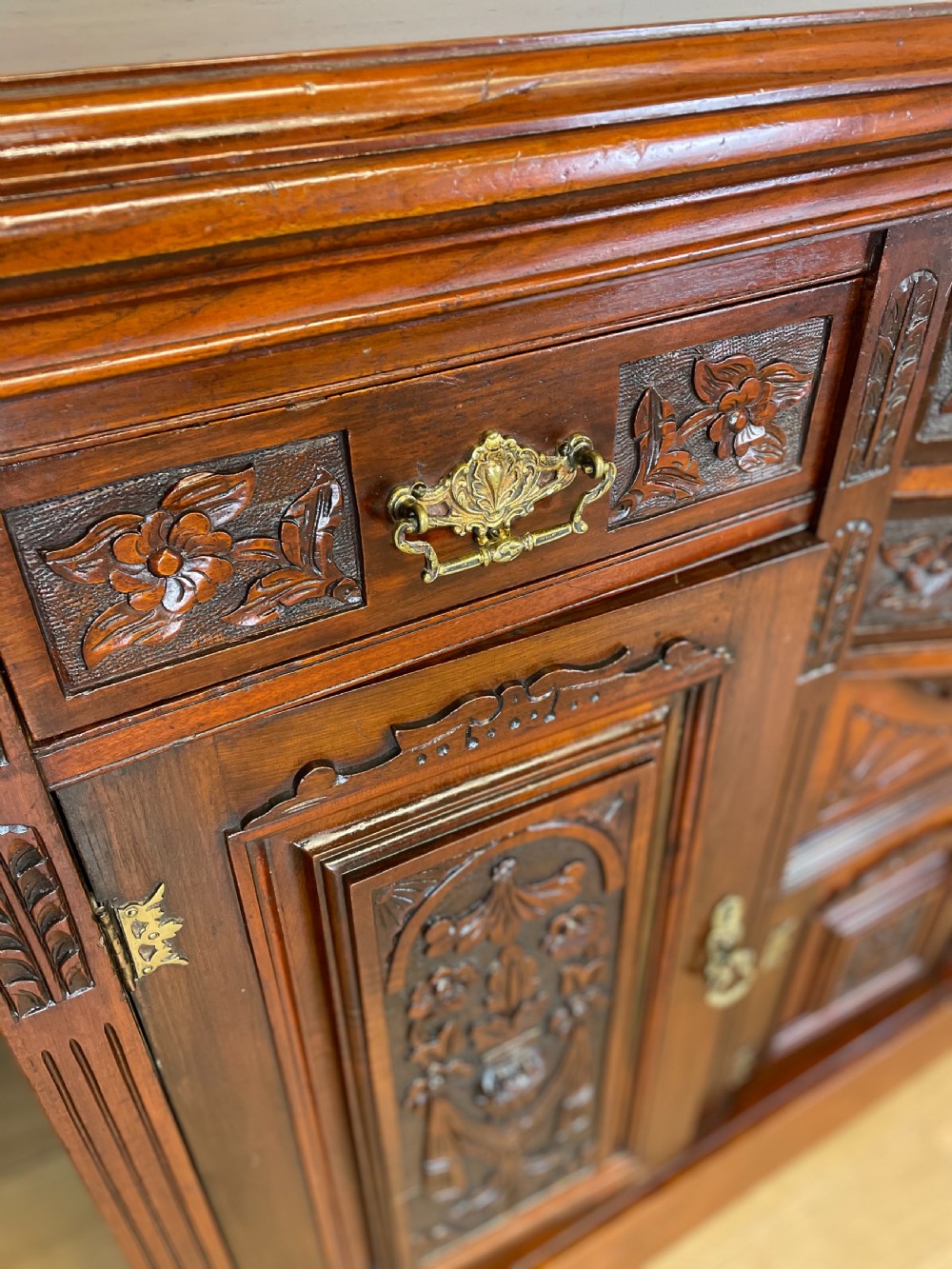 Late nineteenth century carved walnut bow fronted sideboard  View III