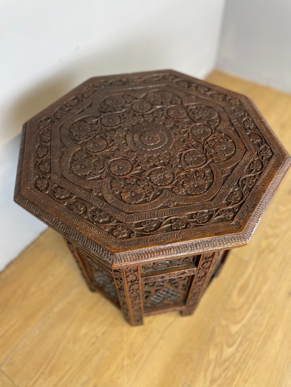 Late nineteenth century carved octagonal Indian table  View IV
