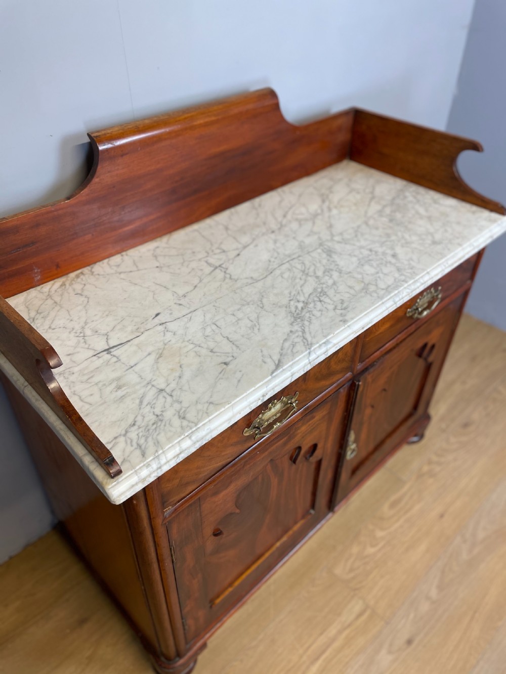 Nineteenth century Flame mahogany marble topped side cabinet  View IV