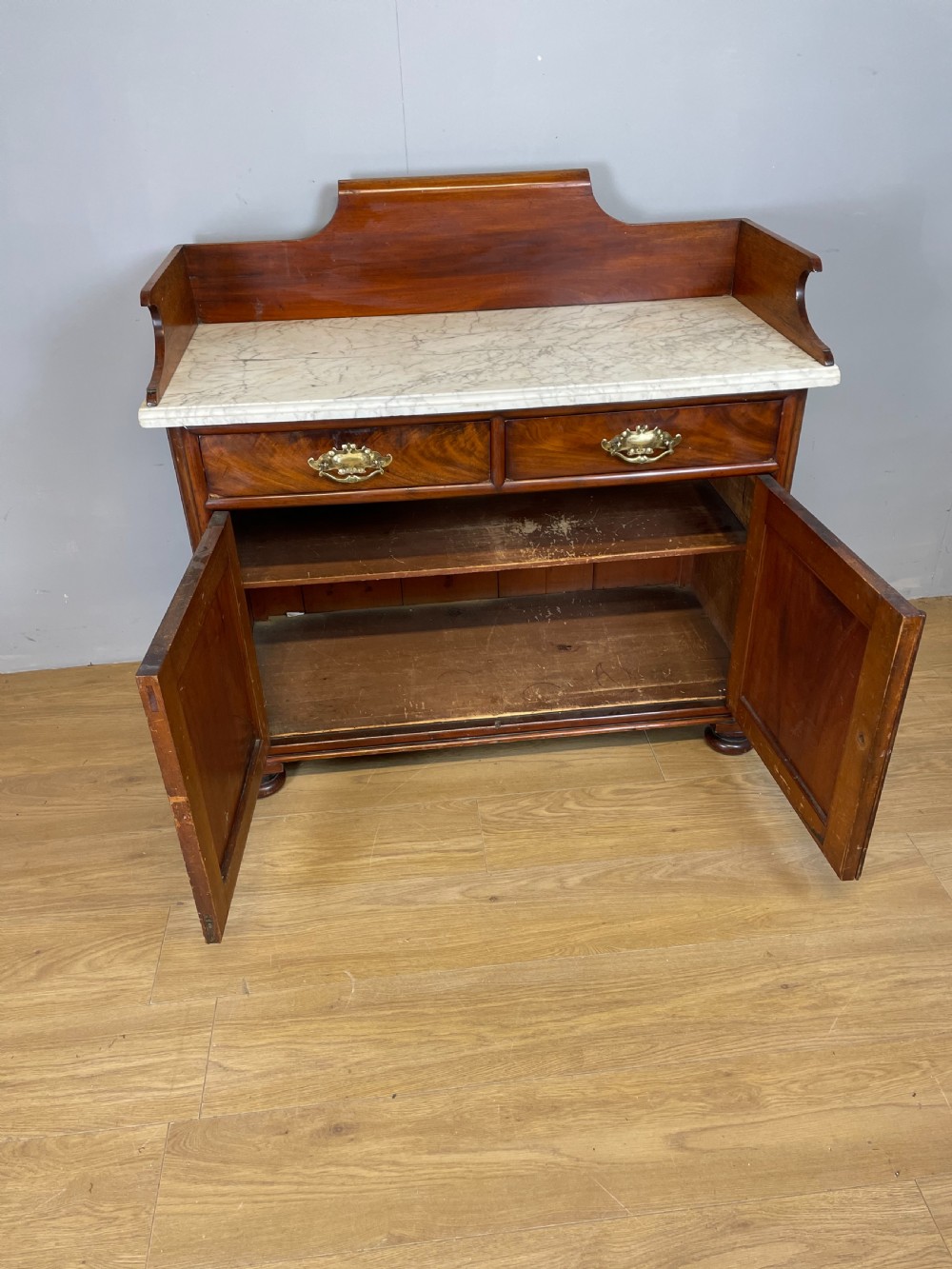 Nineteenth century Flame mahogany marble topped side cabinet  View VIII
