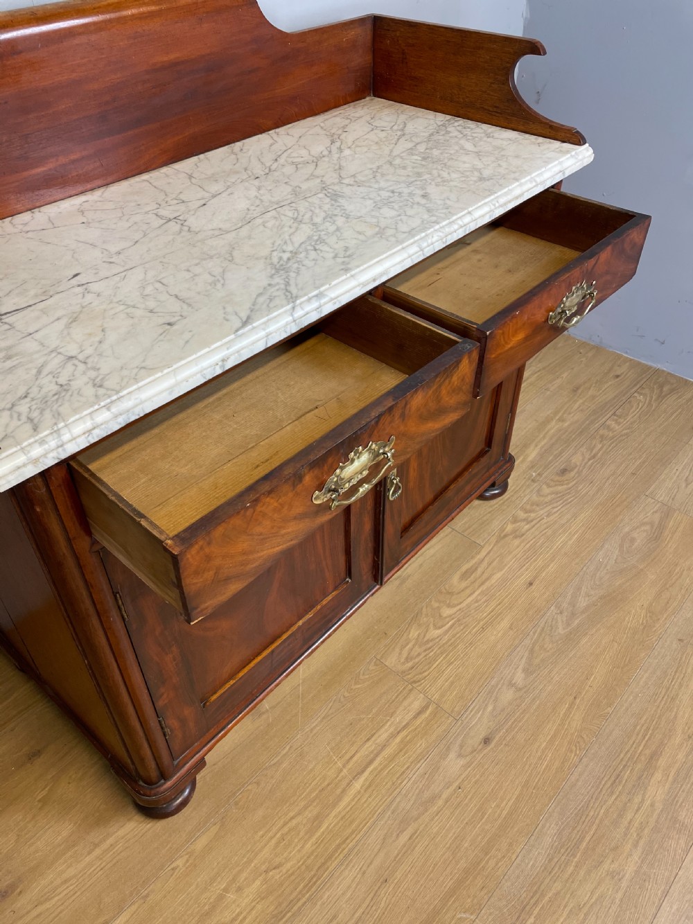 Nineteenth century Flame mahogany marble topped side cabinet  View IX
