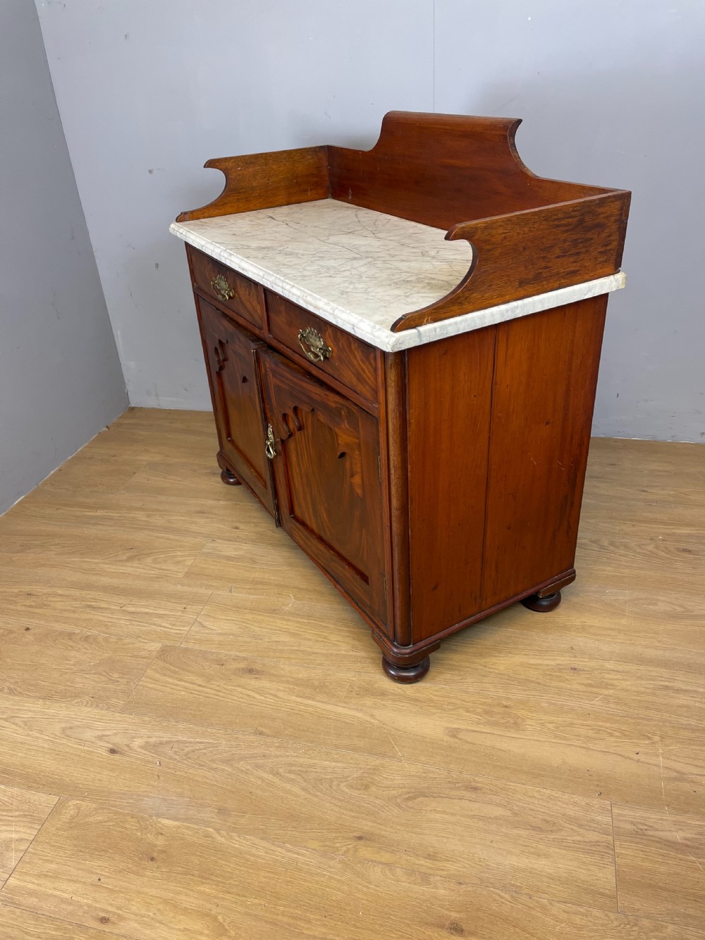 Nineteenth century Flame mahogany marble topped side cabinet  View X